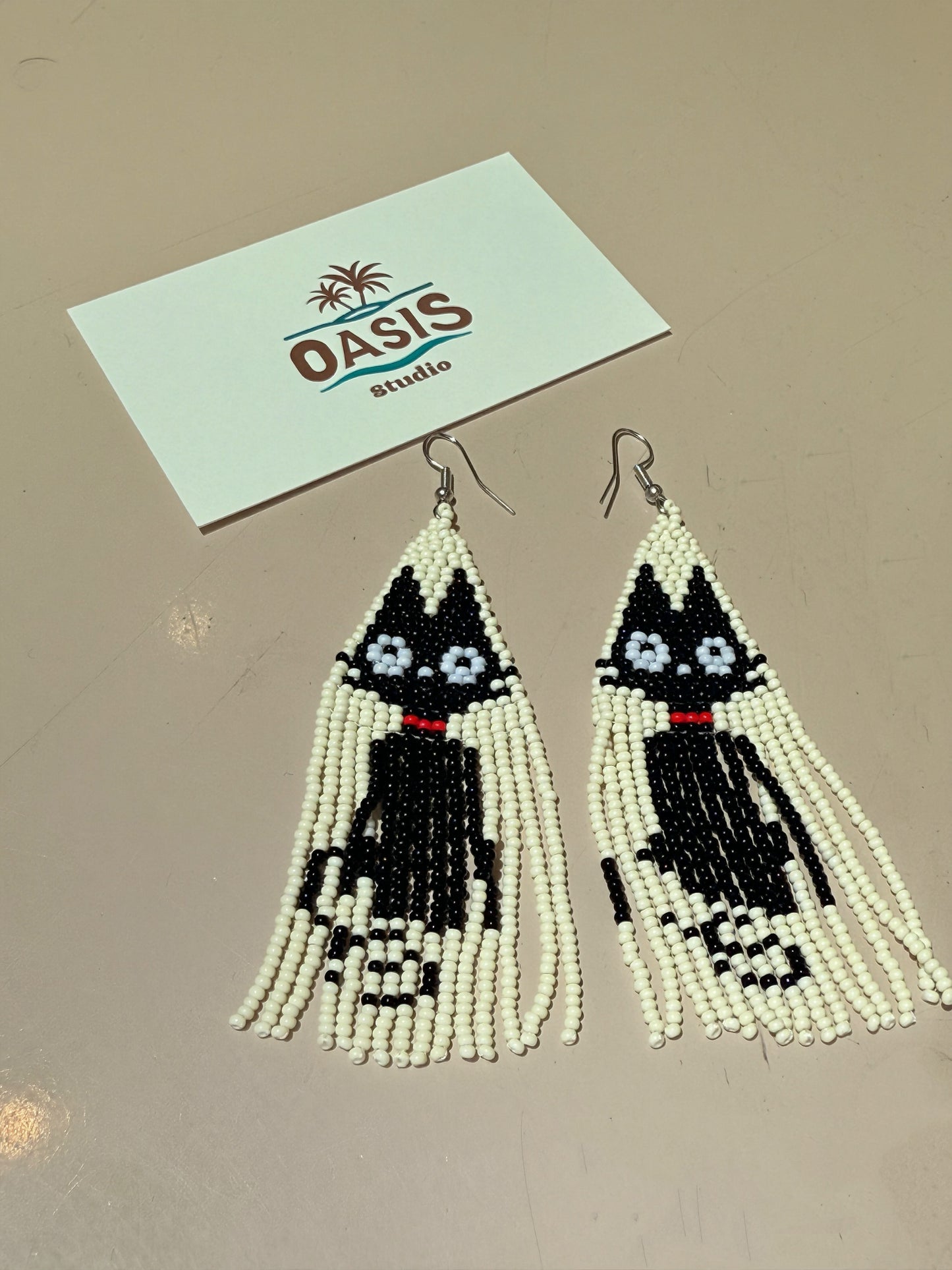 Beaded Black Cat Fringe Earrings – Handmade Statement Jewelry
