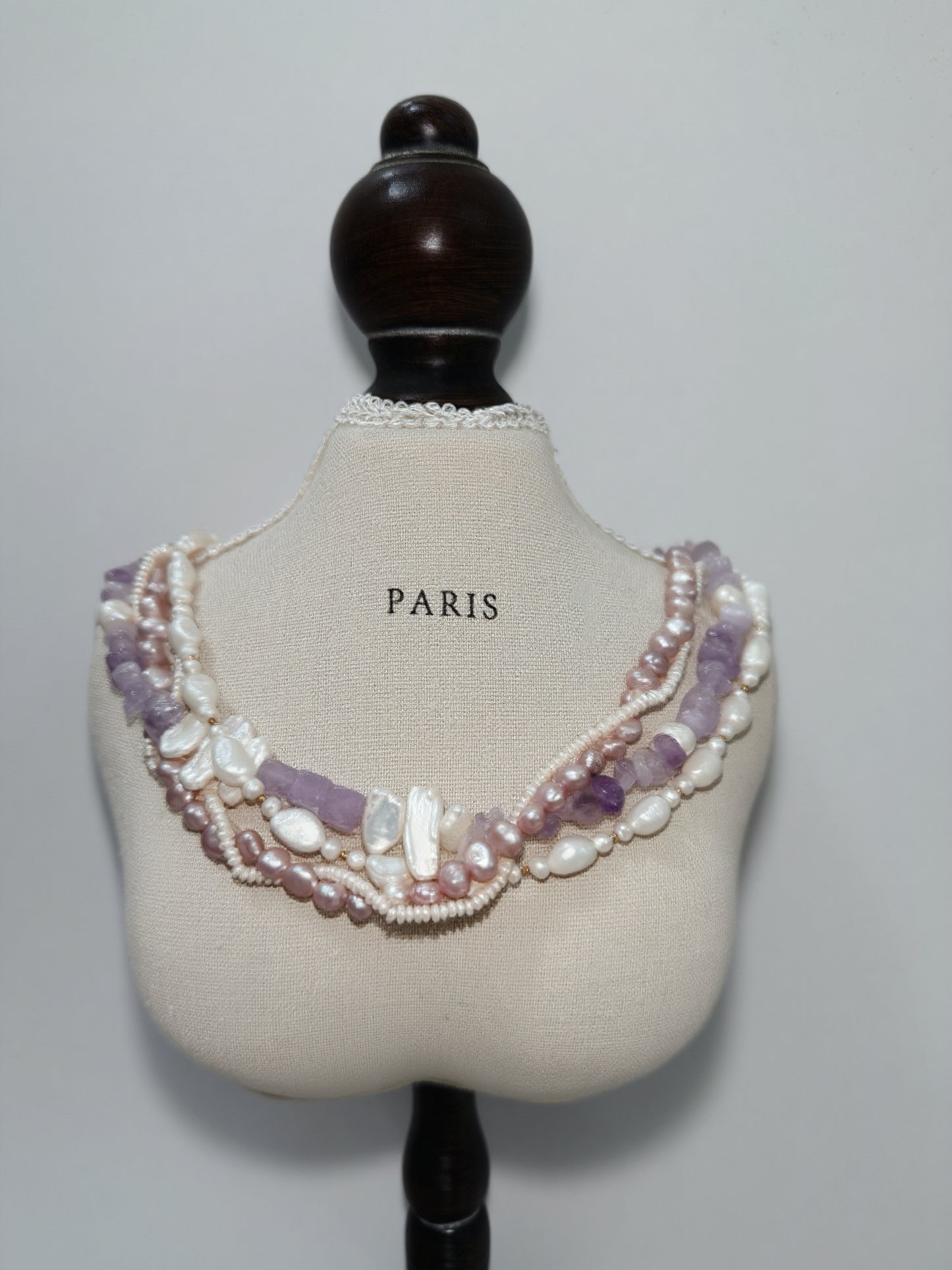Multi-Strand Statement Necklace with Freshwater & Baroque Pearls, Amethyst Crystals – Elegant Layered Design