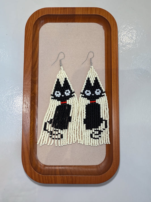 Beaded Black Cat Fringe Earrings – Handmade Statement Jewelry