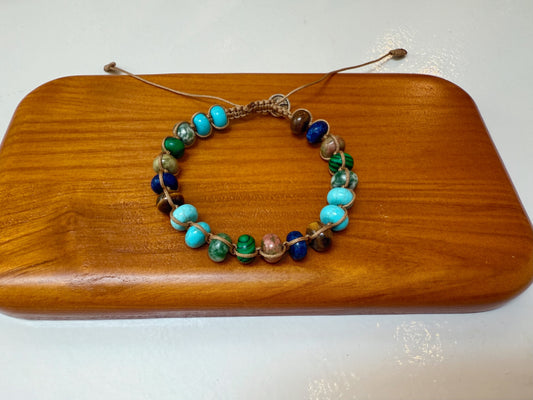 Adjustable Natural Gemstone Beaded Bracelet – Turquoise, Malachite & Lapis Lazuli