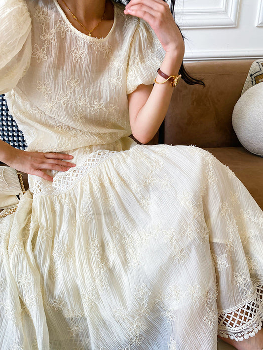 Beige Floral Embroidery Textured Shirt