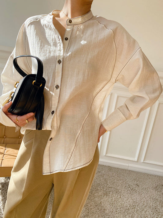 Beige Simple Line Texture Cotton Linen Shirt