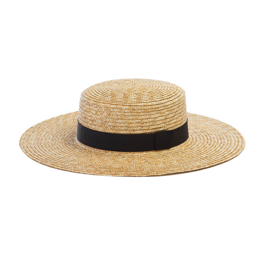 Classic Black Ribbon Adorned Raffia Flat Top Hat