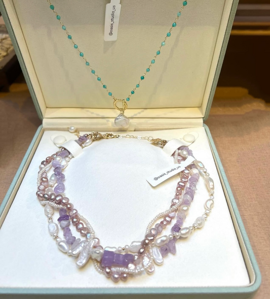Multi-Strand Statement Necklace with Freshwater & Baroque Pearls, Amethyst Crystals – Elegant Layered Design