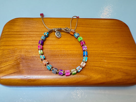 Boho Rainbow Cube Bead Adjustable Bracelet – Handmade Colorful Macrame Jewelry