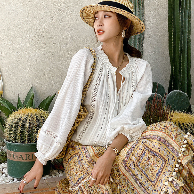 White French Hollow Out Bohemian Loose Shirt